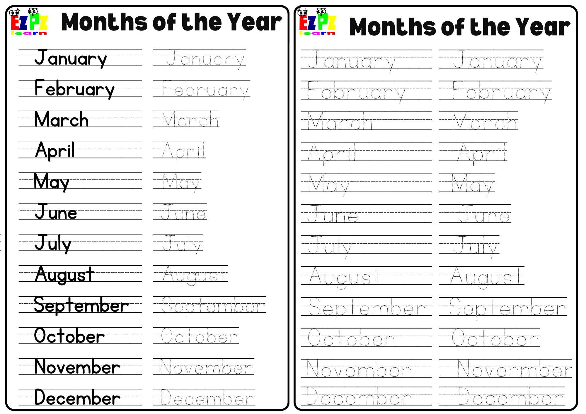 Months Of The Year Tracing Worksheets